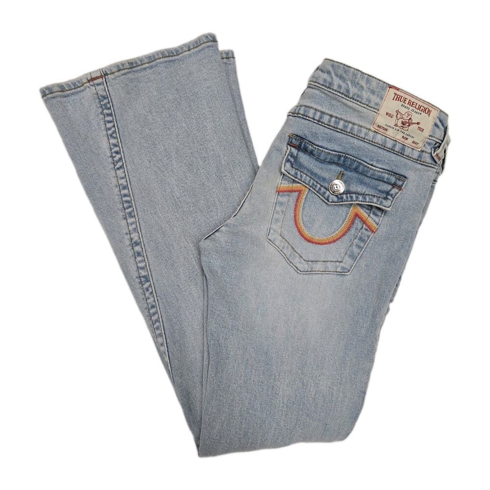 True Religion Joey Low Rise Flare Jeans Womens Size 30 Distressed Light Wash Y2K